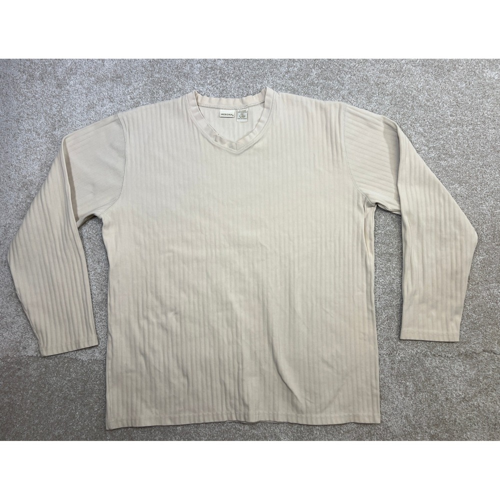 Vintage Merona Mens‎ Ribbed Long Sleeve V Neck T Shirt Beige XL Cotton Spandex